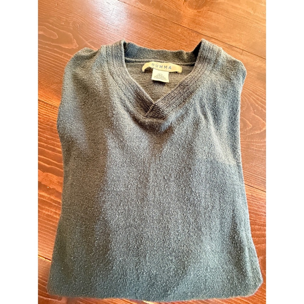 Summa Mens Silk Cotton V-Neck Sweater‎ Green Long Sleeve Knit Pullover Large